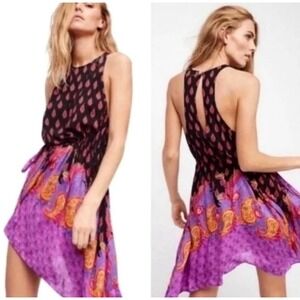 Free People Women's Large Rendezvous Tank Slip Dress‎ Black Purple Red Combo NWT